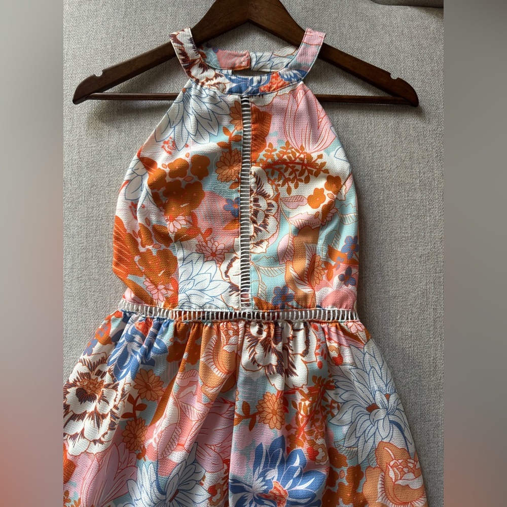 Zesica Halter Neck Maxi Summer Dress Floral Backless Orange/Blue Cruise Size S - Picture 2 of 8